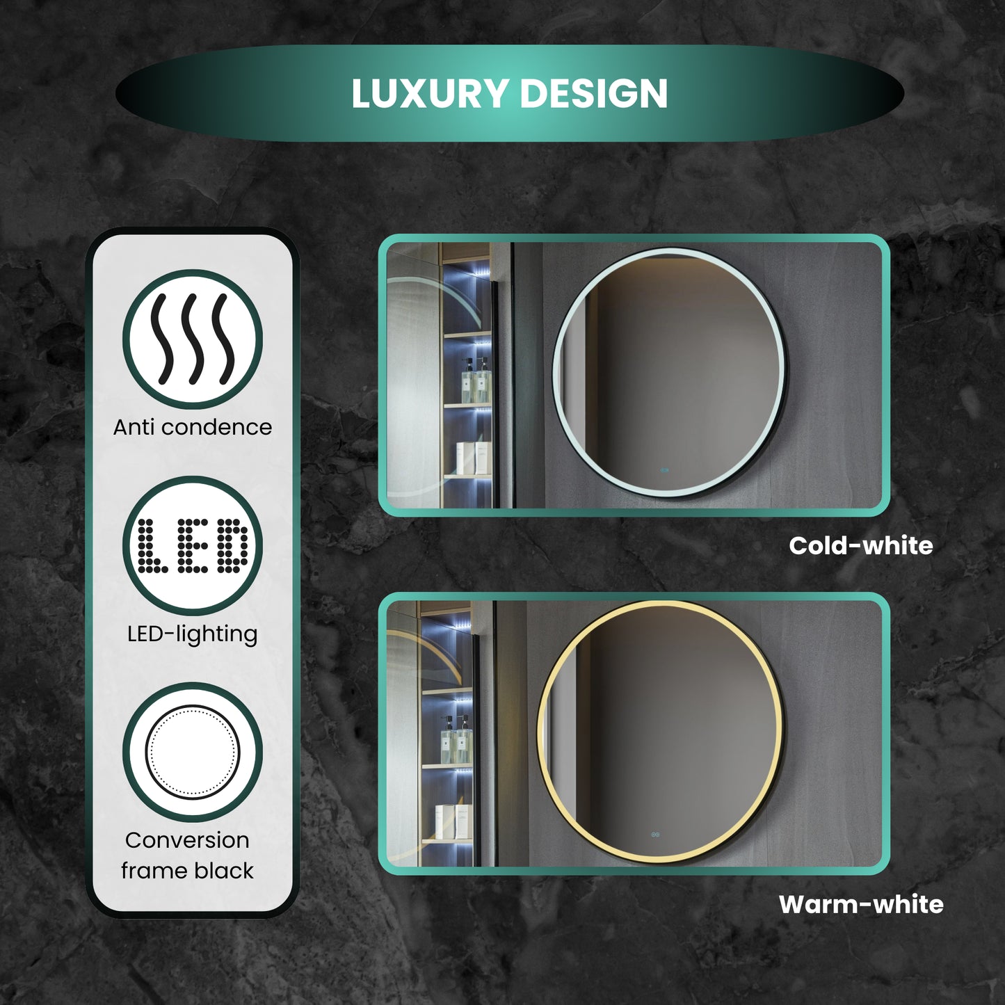 Smart badkamerspiegel zwart frame met led verlichting, anti-condens en wifi