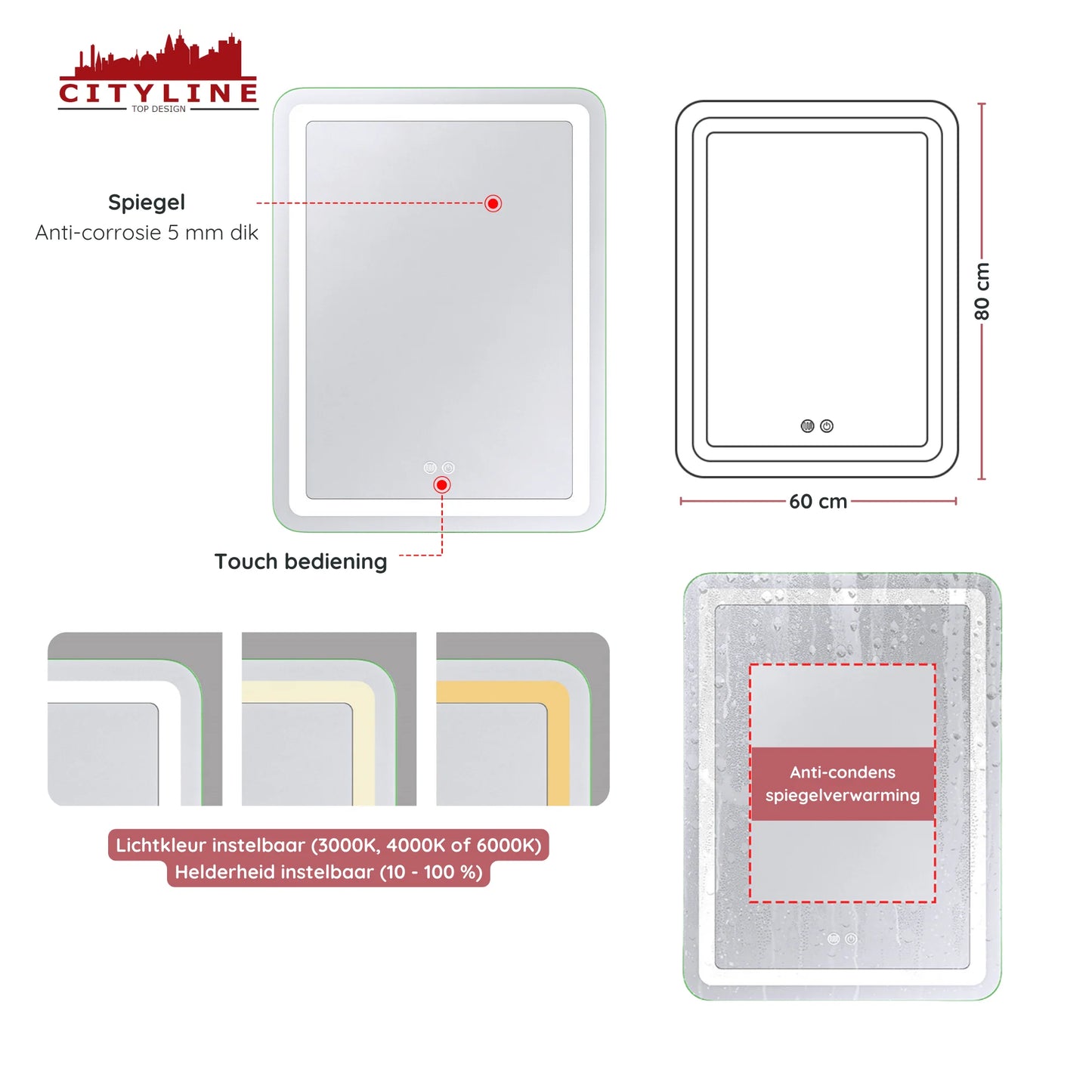 Badkamerspiegel ''Riflesso'' led verlichting en anti-condens