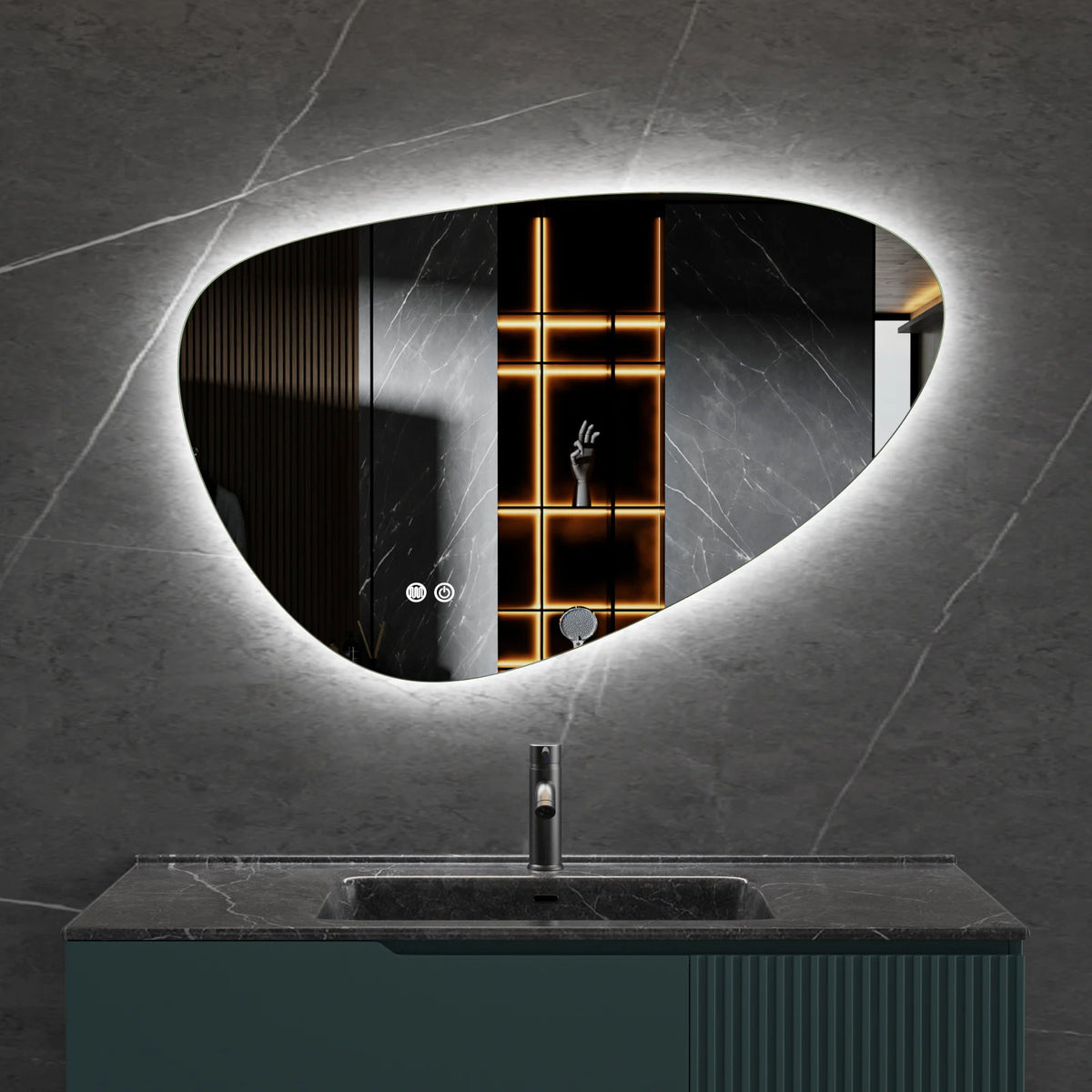 Spiegel asymmetrisch organische led verlichting en anti-condens 140 cm breed en 75 cm hoog