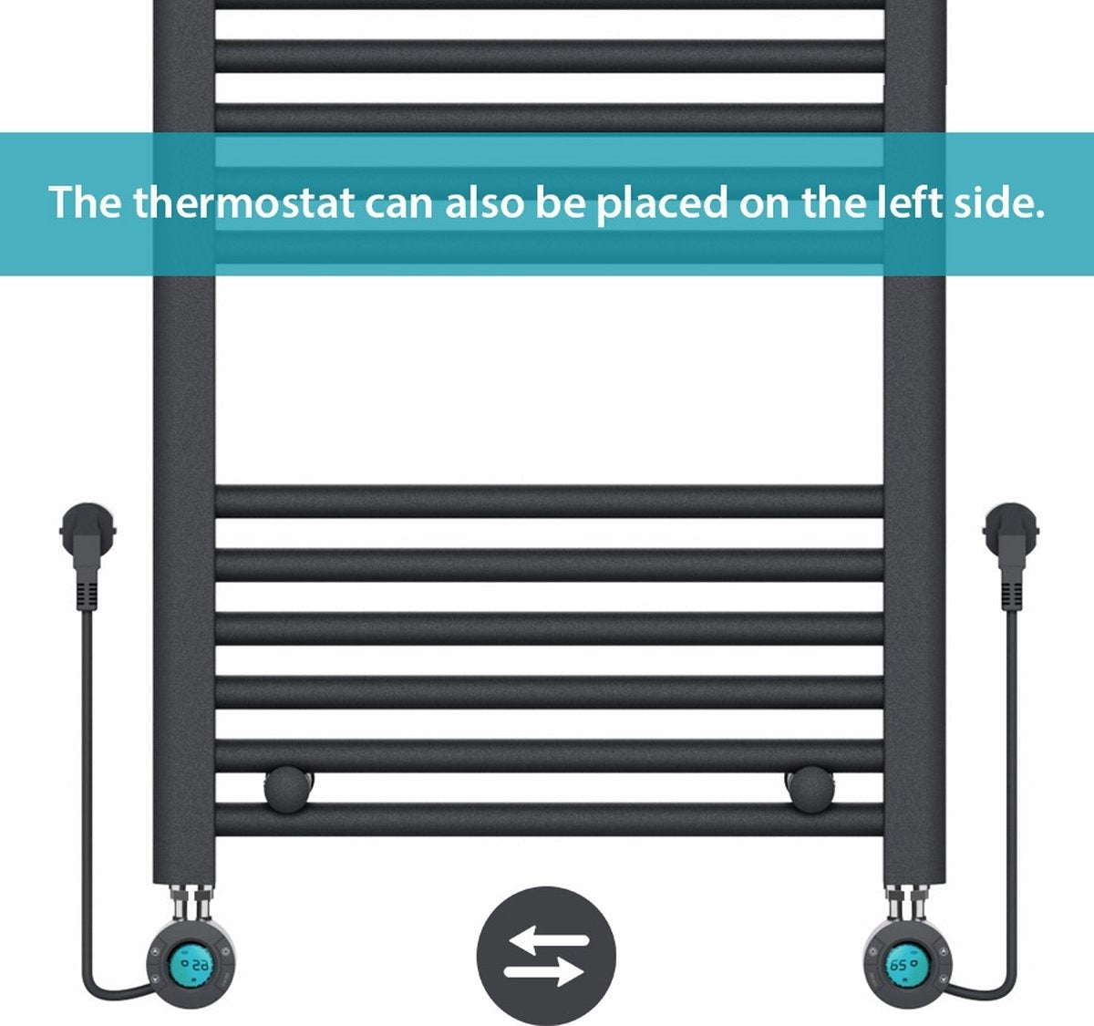 Handdoekradiator Elektrisch met Digitale Thermostaat - Radiator Badkamer - 1200 × 500 mm - Mat zwart - 500 Watt