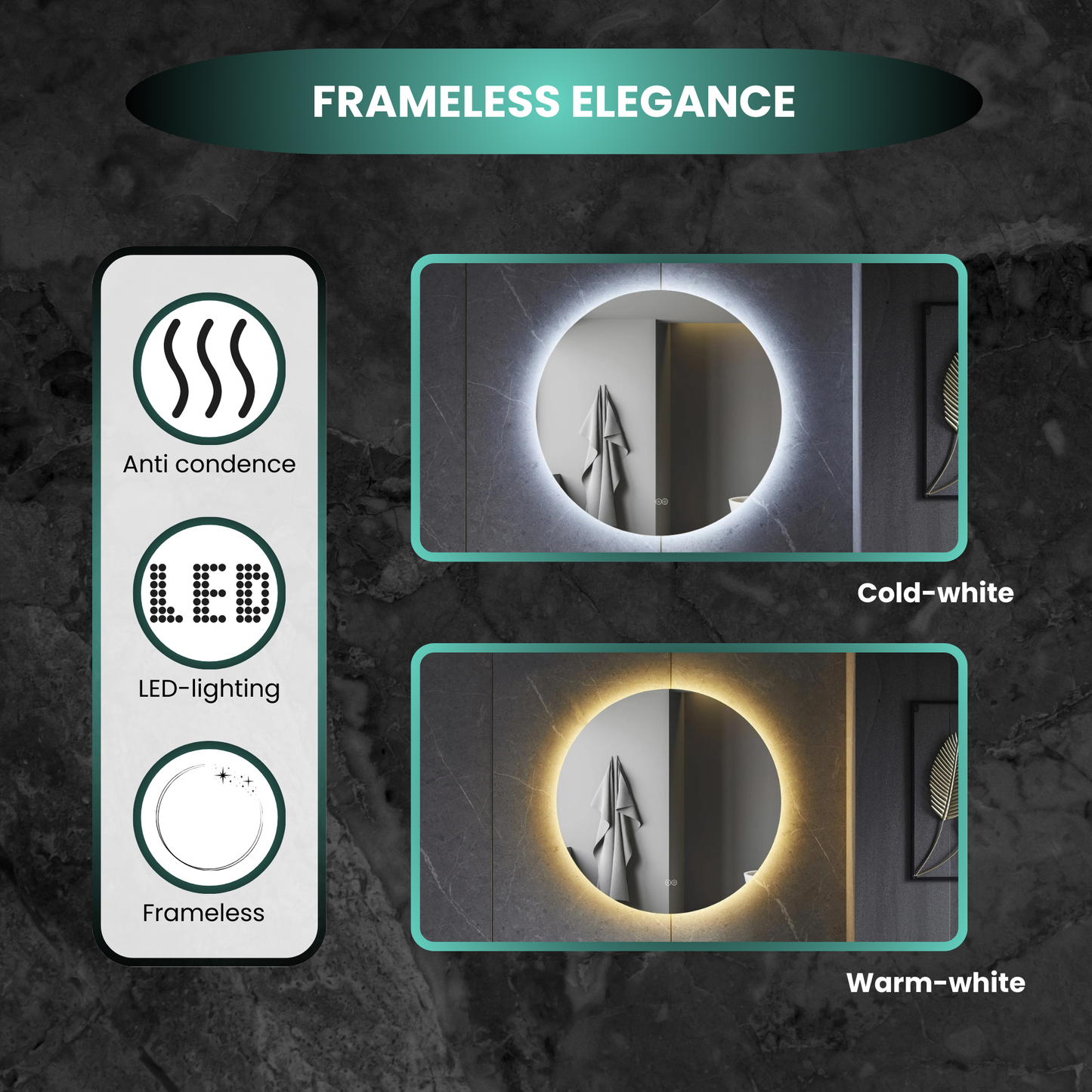Badkamerspiegel rond frameloos, rondom led verlichting en anti condens