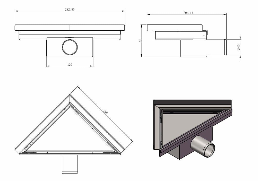 Hoekdrain douchegoot 20 x 28 x 8 cm RVS