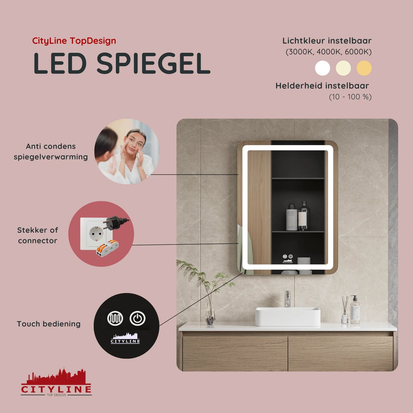 Badkamerspiegel ''Riflesso'' led verlichting en anti-condens