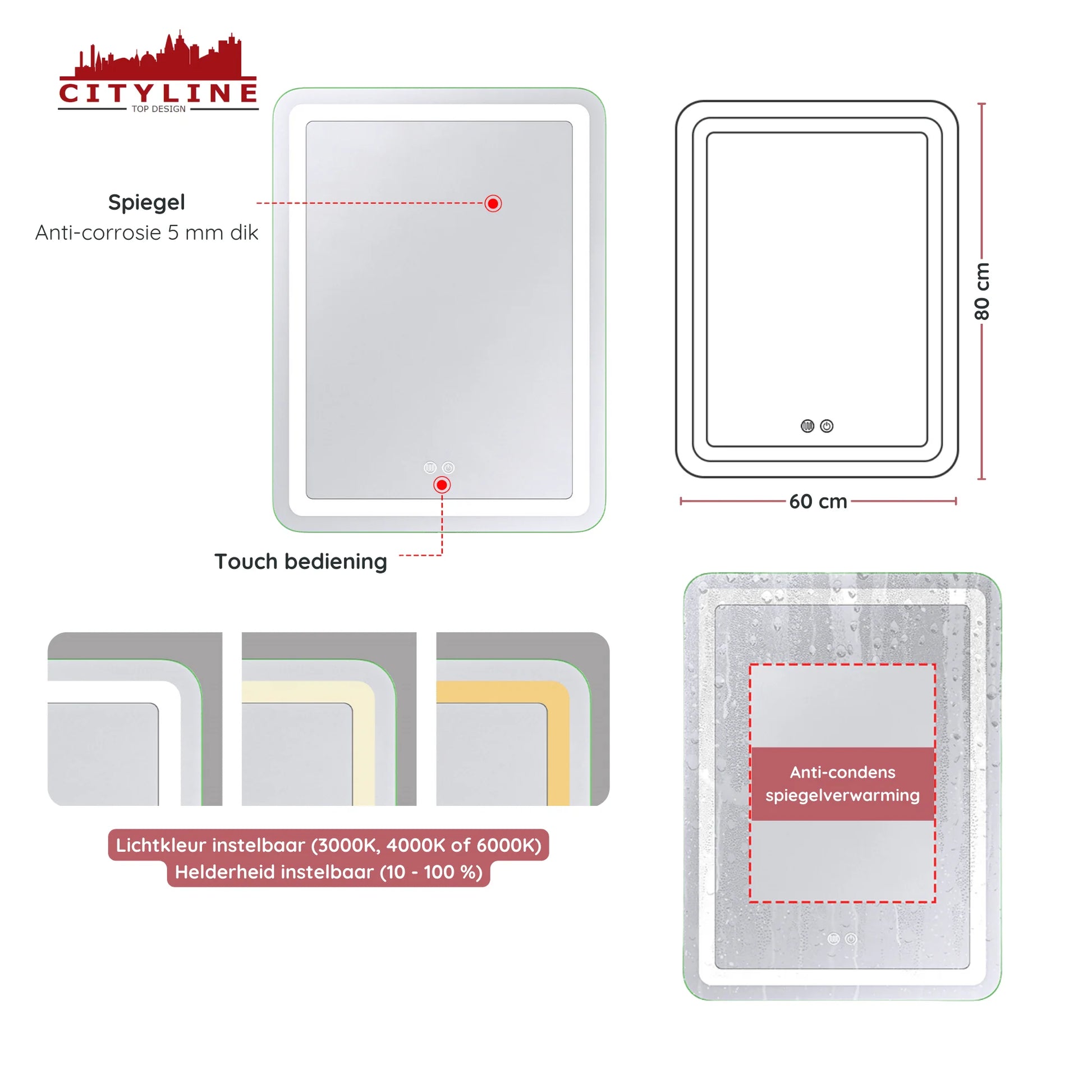 Badkamerspiegel ''Riflesso'' led verlichting en anti-condens