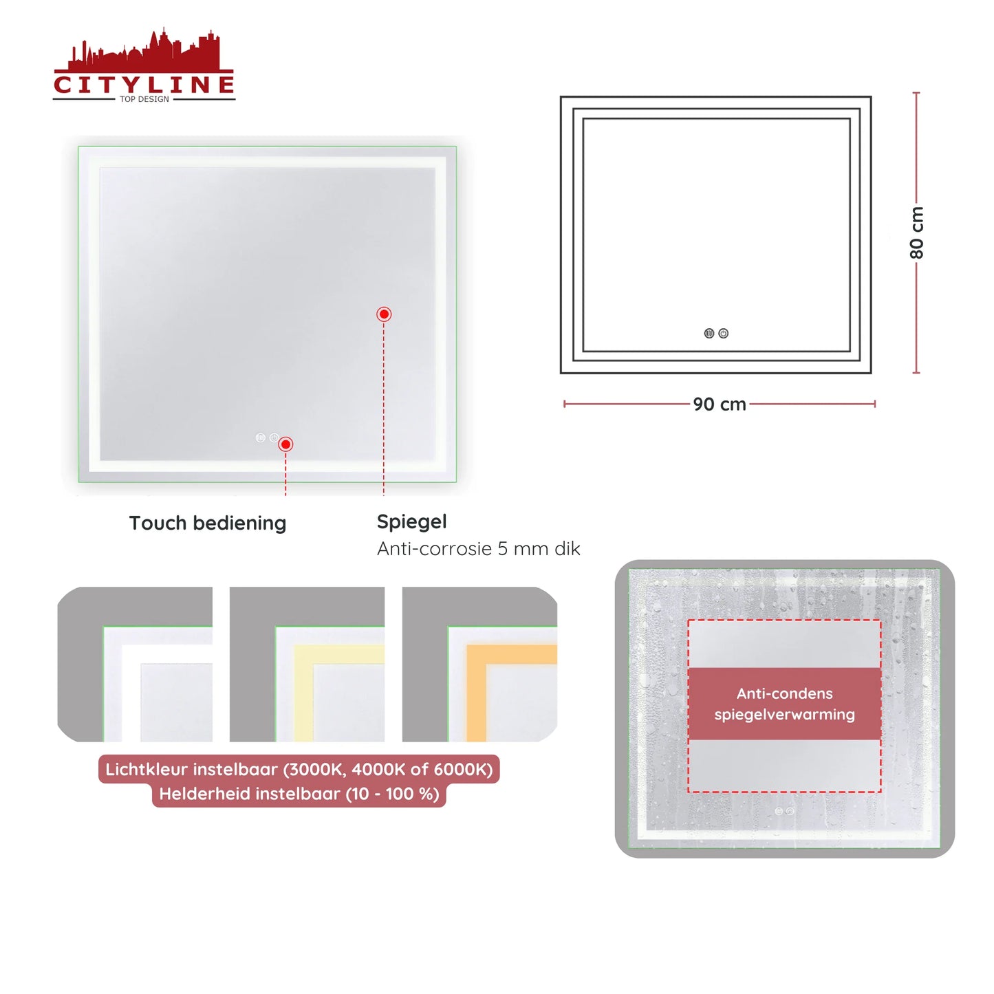 Badkamerspiegel ''Vista'' led verlichting en anti-condens