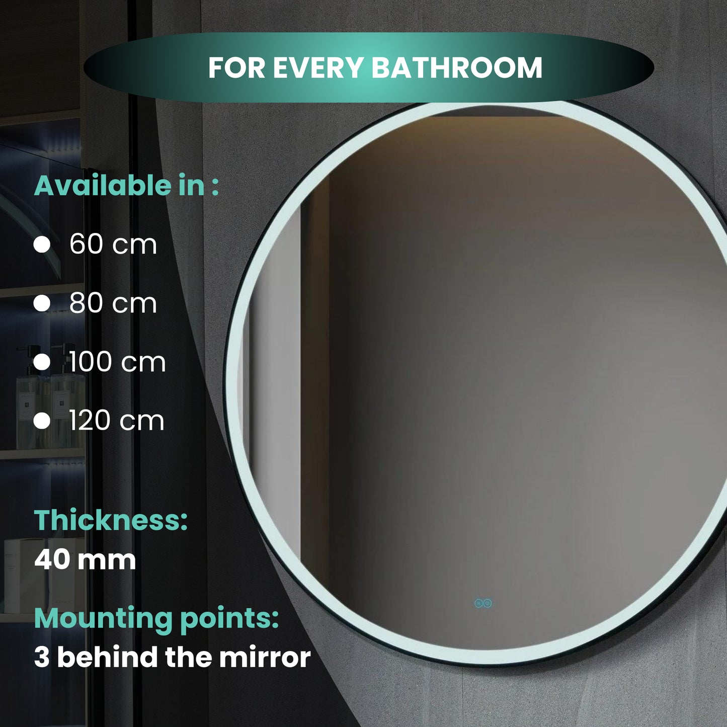 Tweedekans - Spiegel rond 120 cm met zwart frame, led verlichting en anti-condens - Default