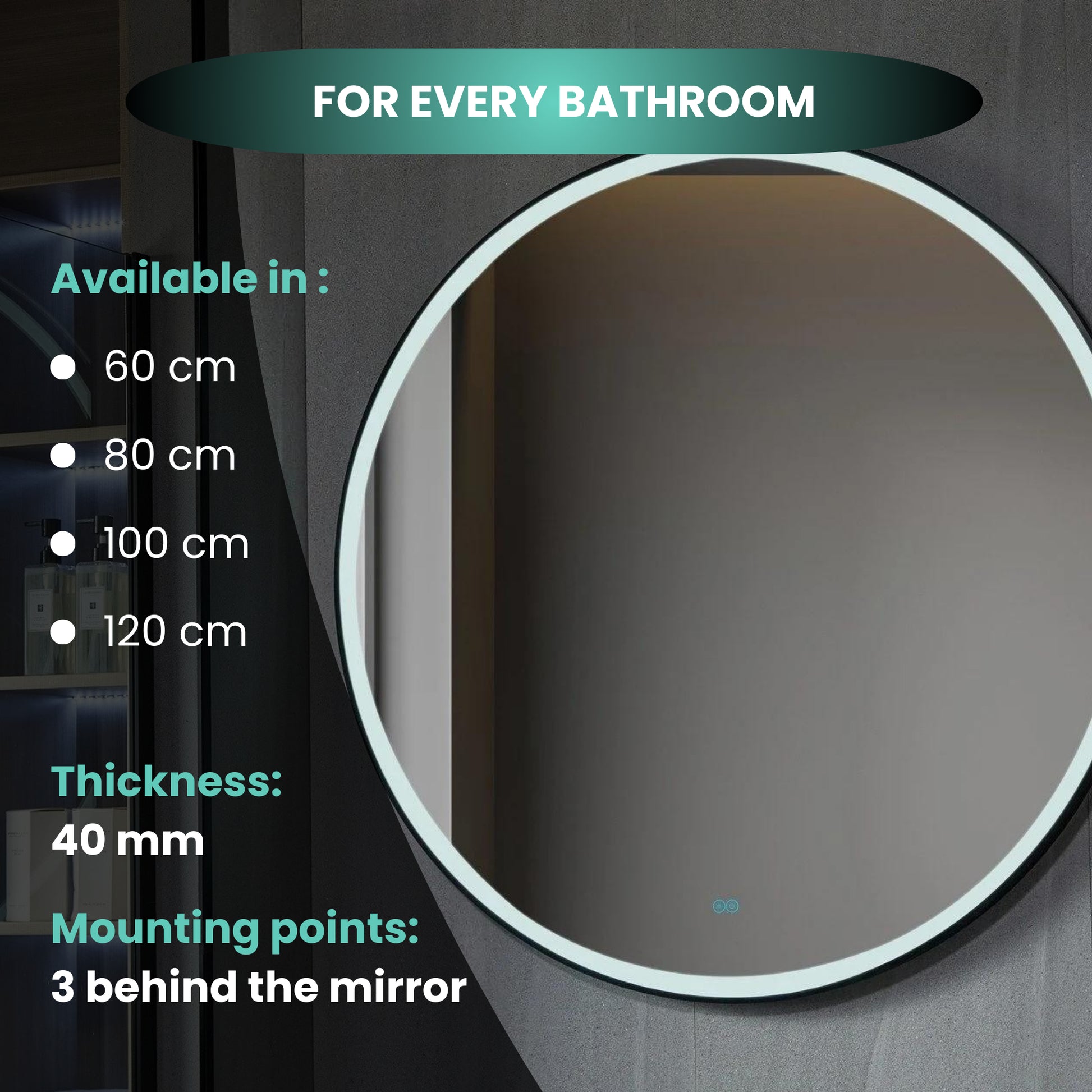 Tweedekans - Spiegel rond 120 cm met zwart frame, led verlichting en anti-condens - Default