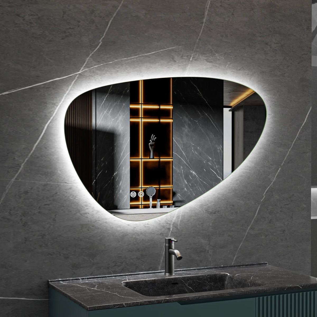 Spiegel asymmetrisch organische led verlichting en anti-condens 140 cm breed en 75 cm hoog