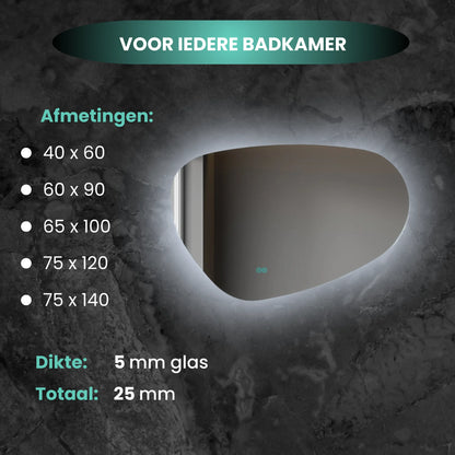Spiegel asymmetrisch organische led verlichting en anti-condens 100 cm breed en 65 cm hoog