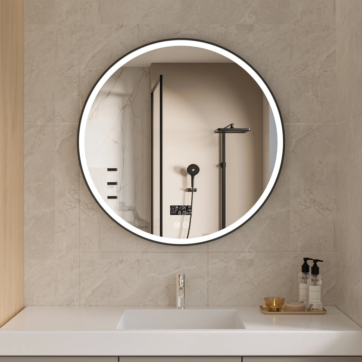 Smart spiegel rond 80cm zwart frame met led verlichting, anti-condens en wifi