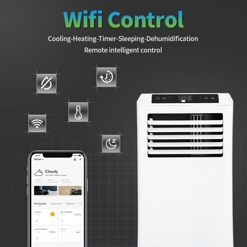 Mobiele airco Wifi ontvochtigen en ventileren met raamafdichting en luchtreiniger 9000btu