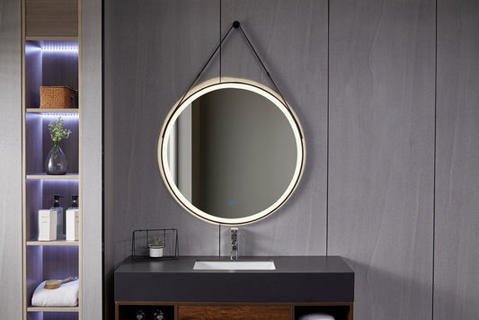 Spiegel rond 80 cm met trendy riem zwart frame, inbouw led verlichting en anti-condens