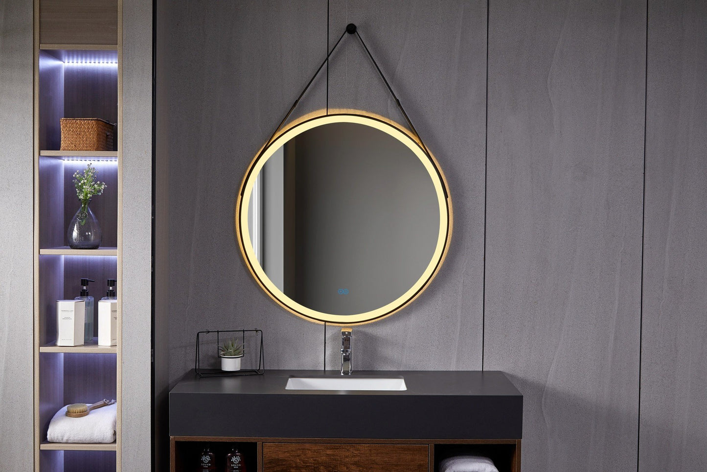 Spiegel rond 80 cm met trendy riem zwart frame, inbouw led verlichting en anti-condens