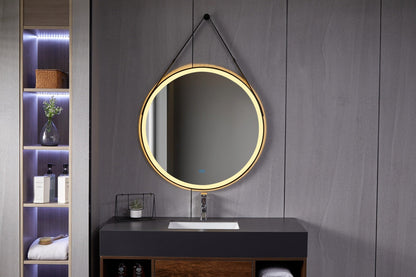 Spiegel rond 80 cm met trendy riem zwart frame, inbouw led verlichting en anti-condens