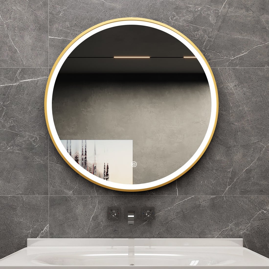 Spiegel rond 60 cm met gouden frame, led verlichting en anti condens