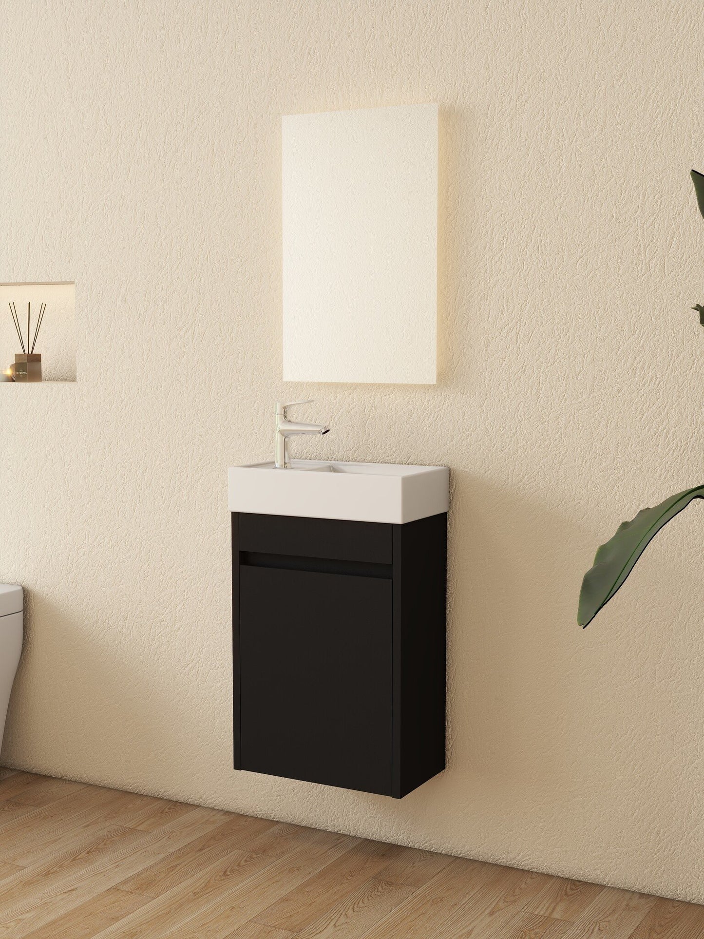 Nurion Toiletmeubel Tess - glanzend witte basin en zwart houten kast - 41 x 22,5 x 65 cm
