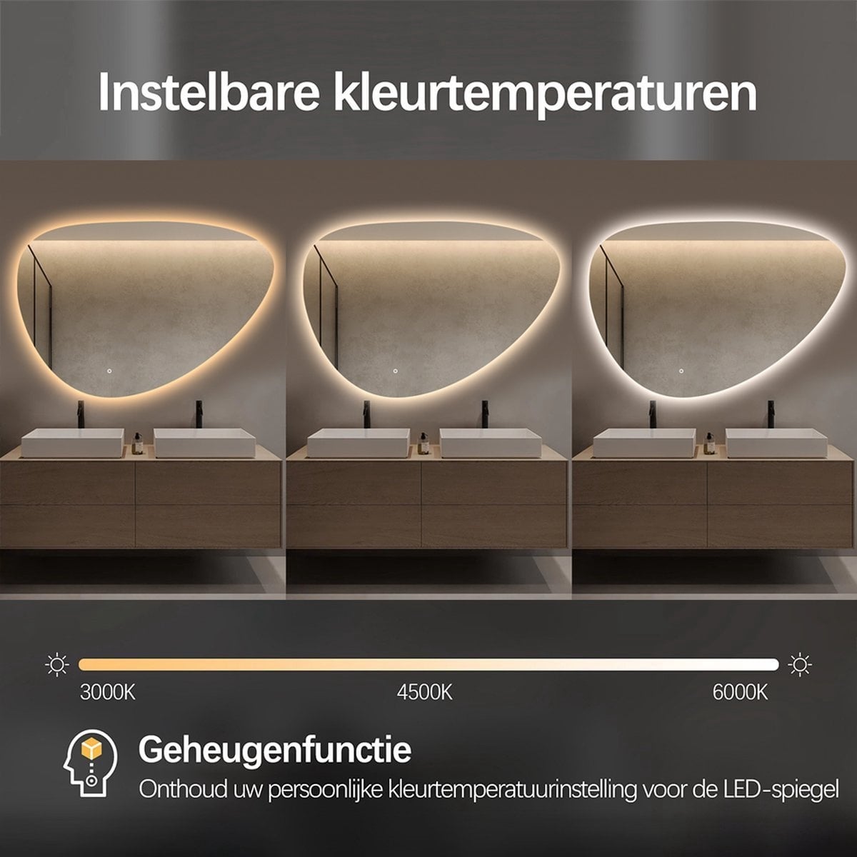 Spiegel asymmetrisch organische led verlichting en anti-condens 90 cm breed en 60 cm hoog
