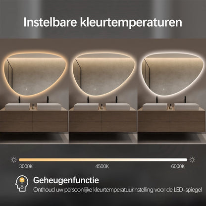 Spiegel asymmetrisch organische led verlichting en anti-condens 90 cm breed en 60 cm hoog
