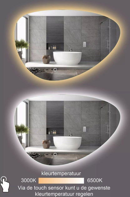 Spiegel asymmetrisch organische led verlichting en anti-condens 90 cm breed en 60 cm hoog