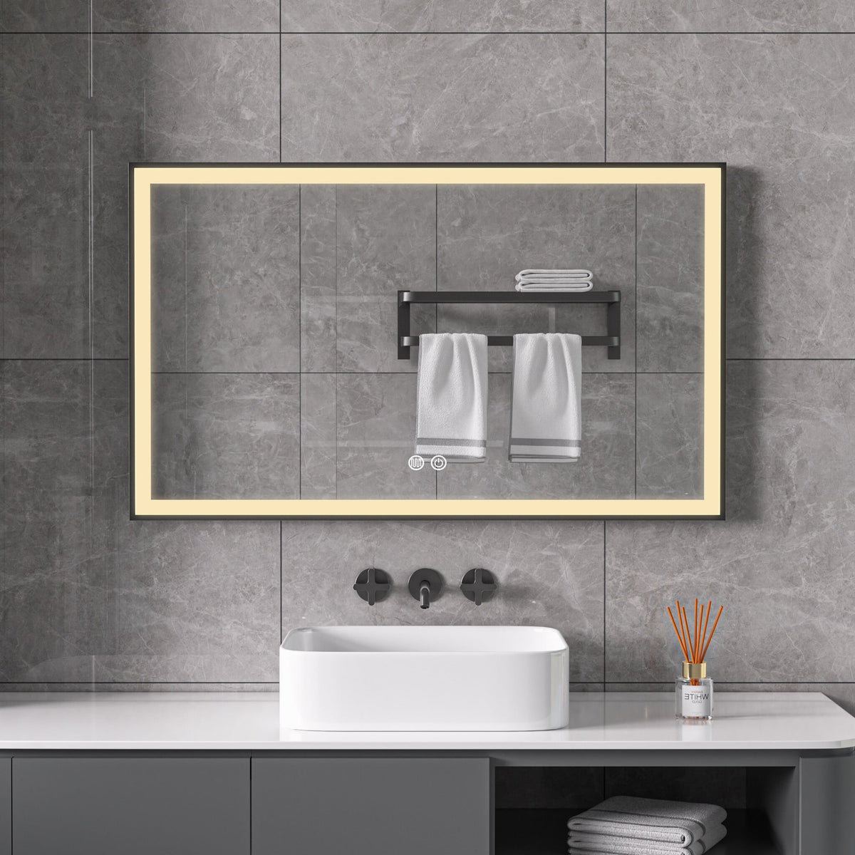 Spiegel met zwart frame, led, anticondens 60 x 100 cm
