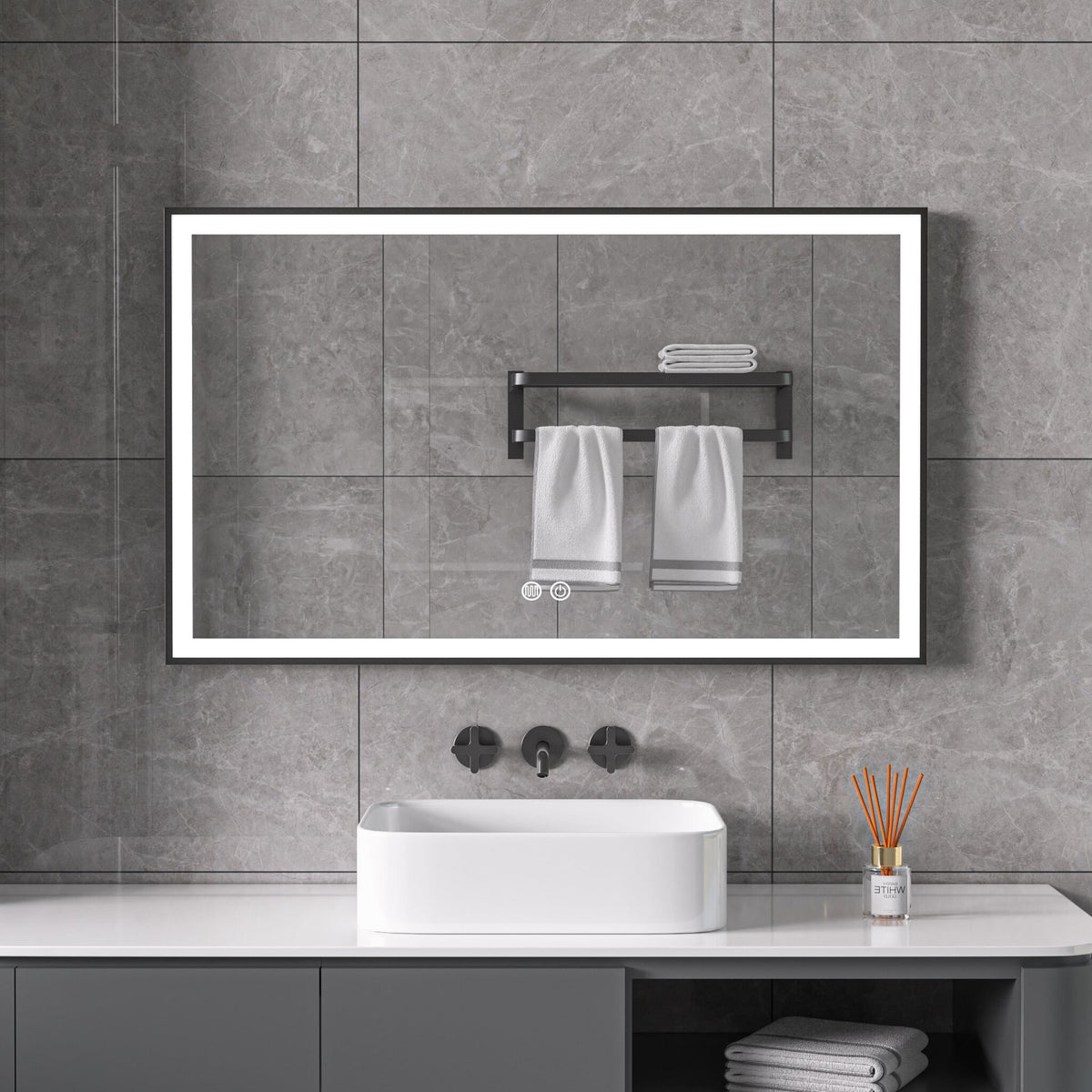 Spiegel met zwart frame, led, anticondens 60 x 100 cm