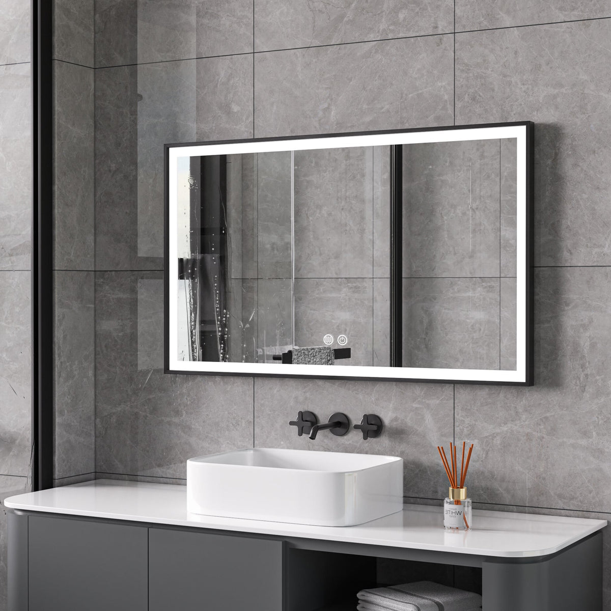 Spiegel met zwart frame, led, anticondens 60 x 100 cm
