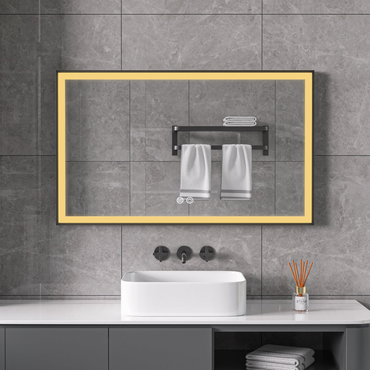Spiegel met zwart frame, led, anticondens 60 x 100 cm