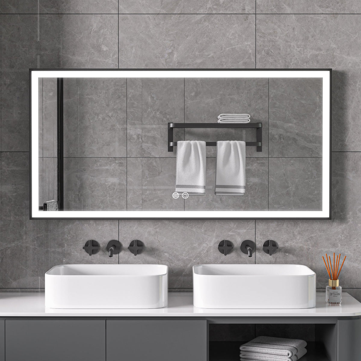 Spiegel met zwart frame, led, anticondens 60 x 120 cm