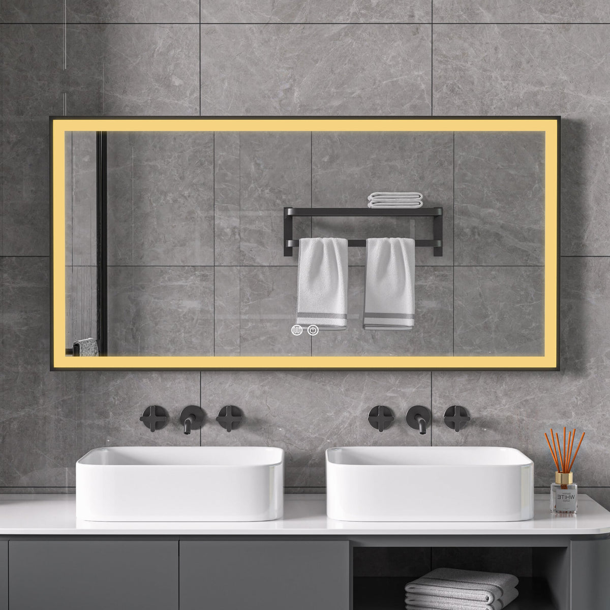 Spiegel met zwart frame, led, anticondens 60 x 120 cm