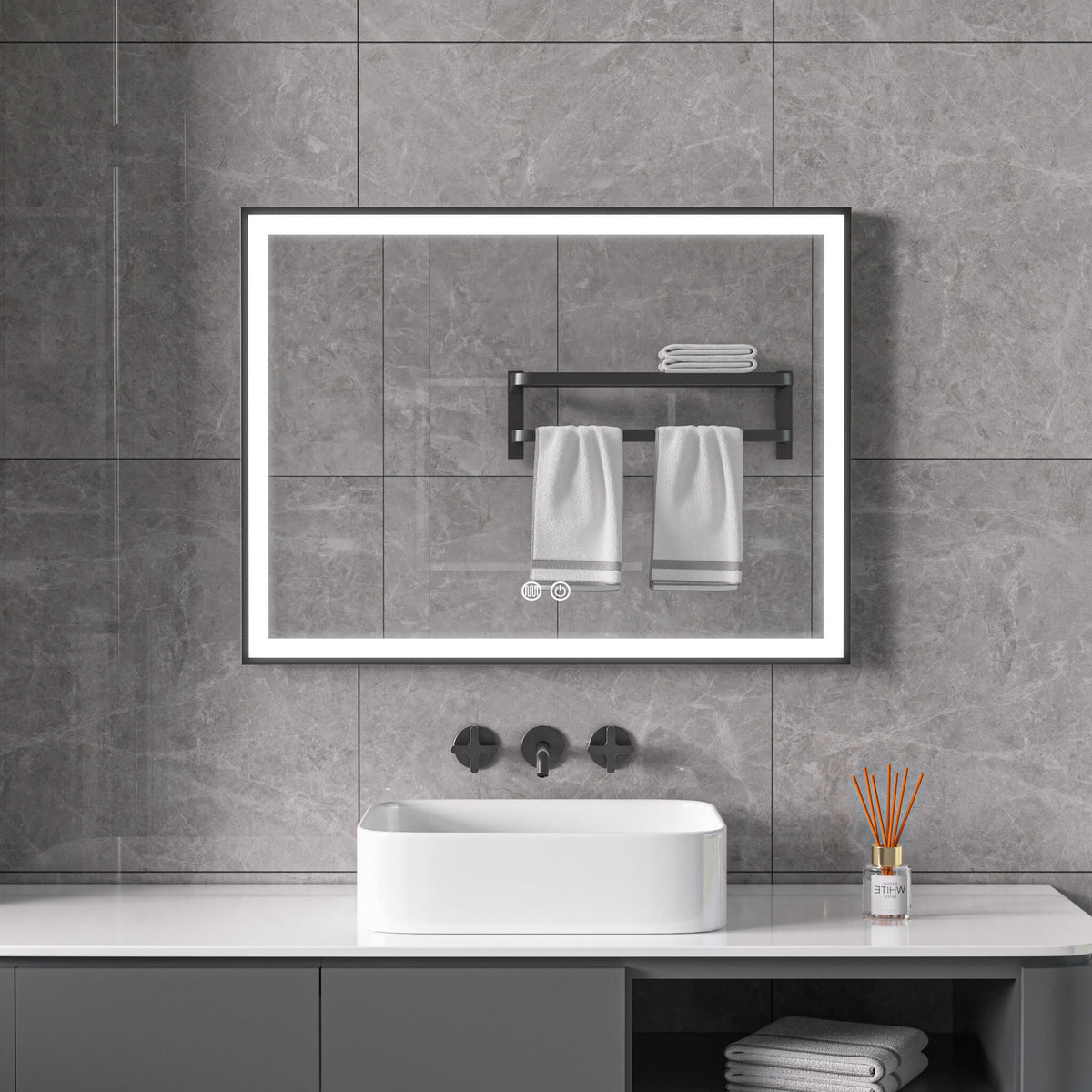 Spiegel met zwart frame, led, anticondens 60 x 60 cm