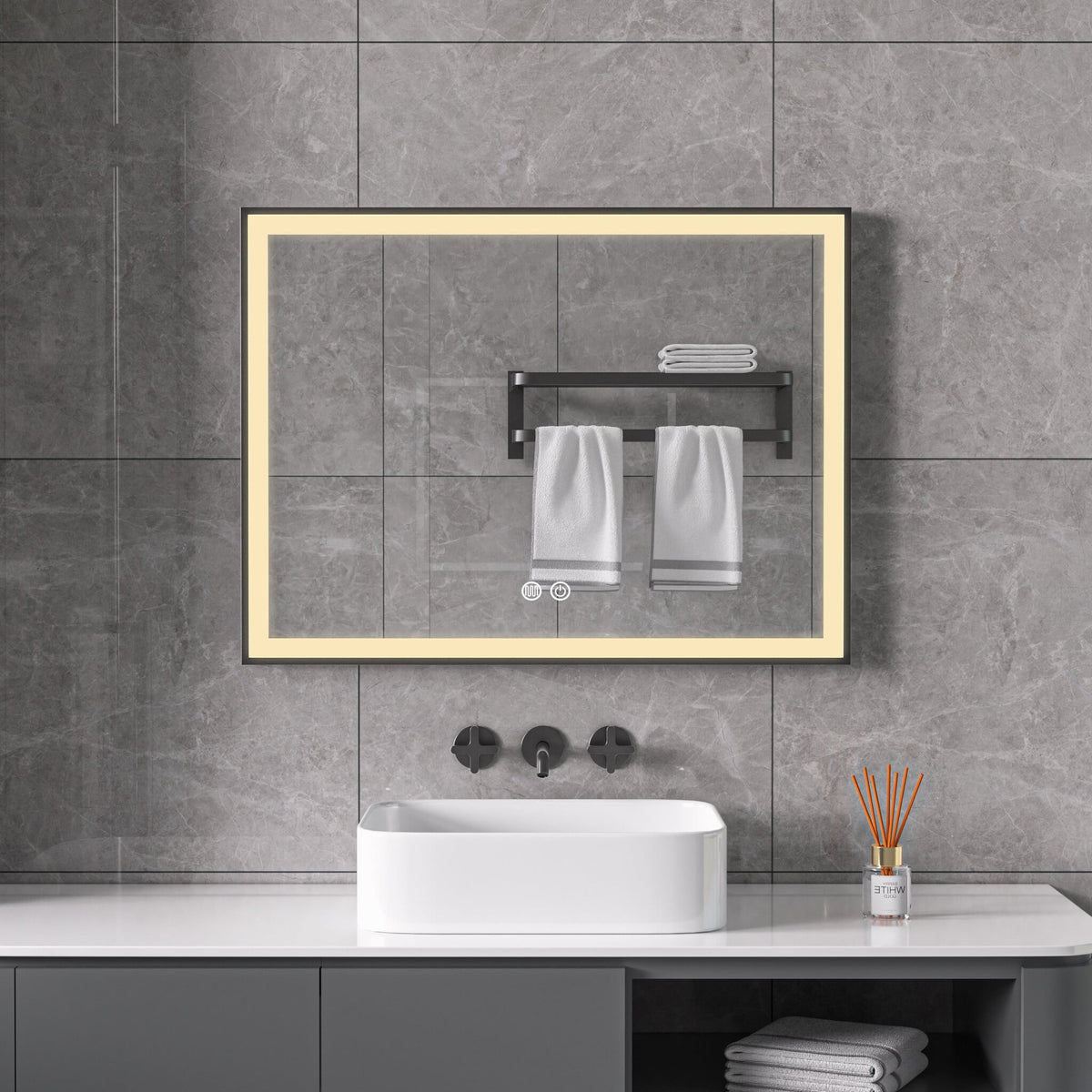 Spiegel met zwart frame, led, anticondens 60 x 60 cm