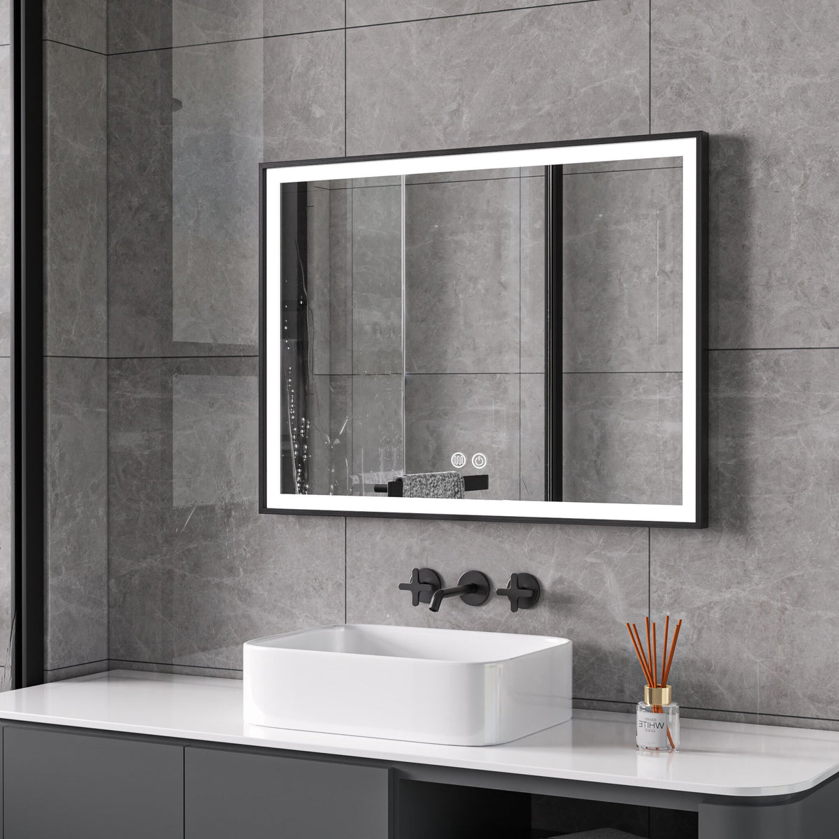 Spiegel met zwart frame, led, anticondens 60 x 60 cm