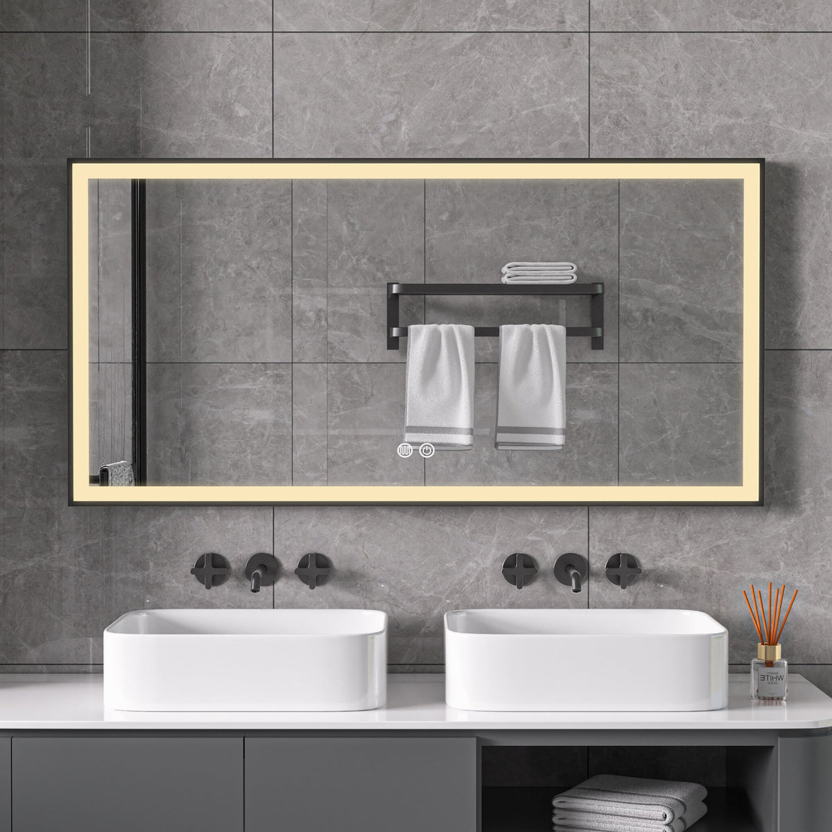 Spiegel met zwart frame, led, anticondens 75 x 125cm