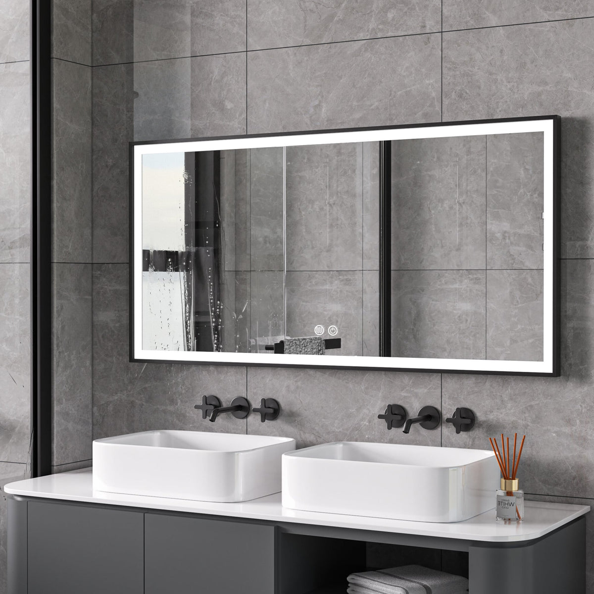 Spiegel met zwart frame, led, anticondens 75 x 125cm