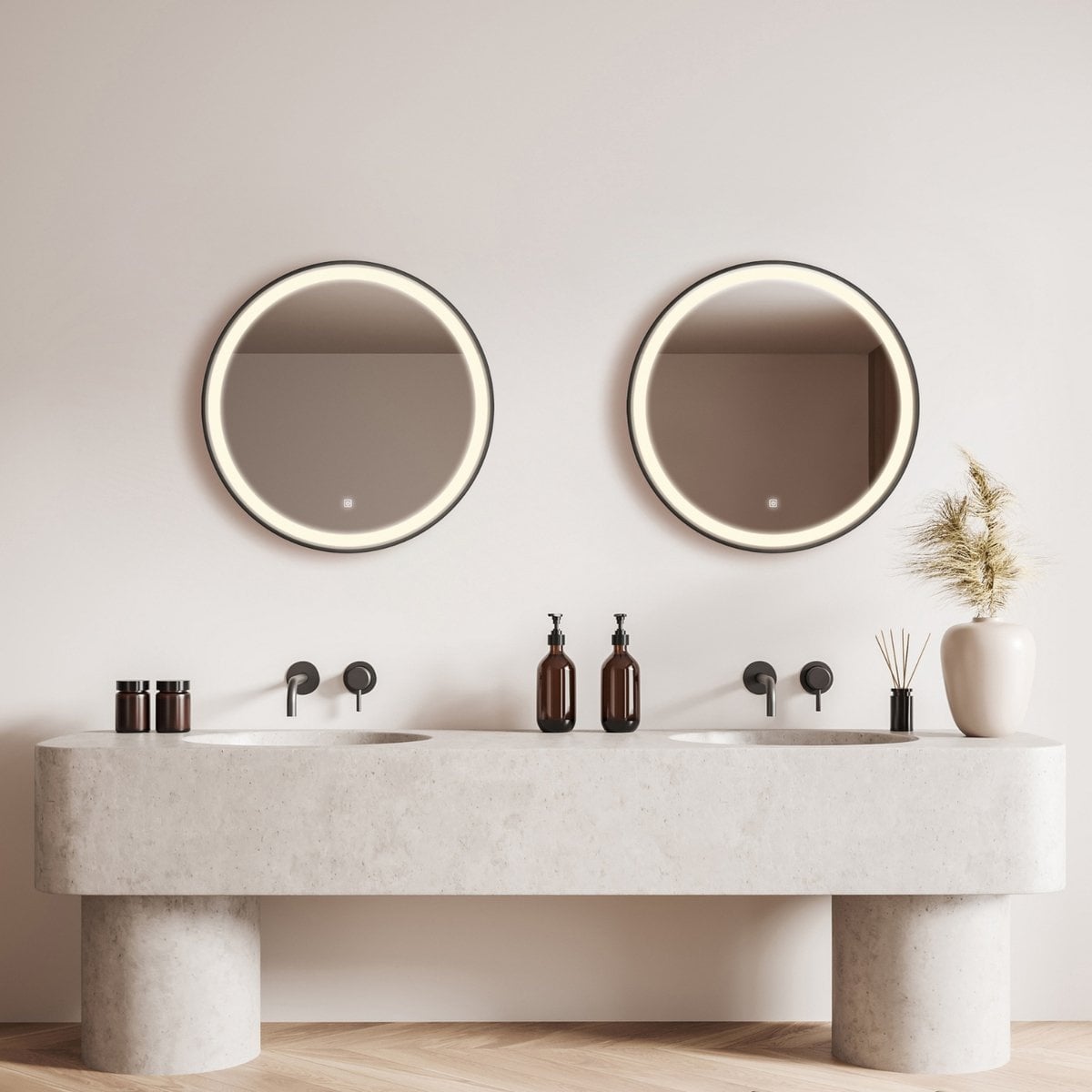Spiegel rond 60 cm met zwart frame, led verlichting en anti condens
