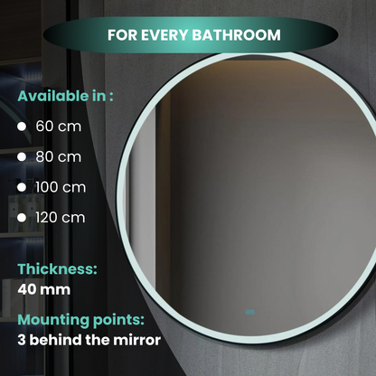 Spiegel rond 60 cm met zwart frame, led verlichting en anti condens