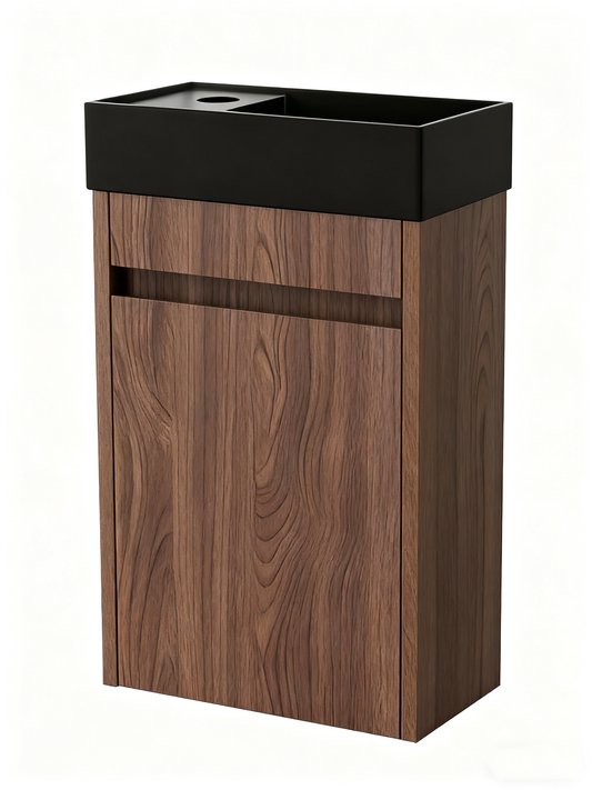 Nurion Toiletmeubel Jule - mat zwarte basin en dinker houten kast - 41 x 22,5 x 65 cm
